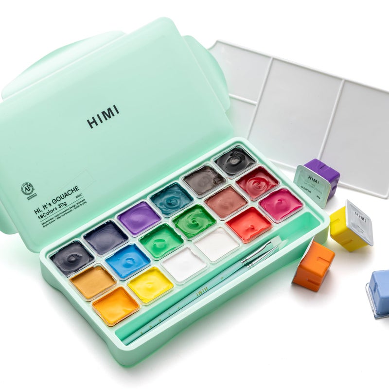 HIMI Gouache Paints Set  18 Colors  30g  jelly gouache paint set  Non Toxic Paint for Canvas and Paper  Art Supplies for Professionals  and More (Green Case - Image 1